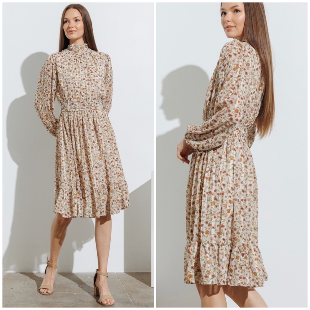 POLAGRAM Beige Floral Long Sleeves Mock Neck Midi Dress - Picture 3 of 5